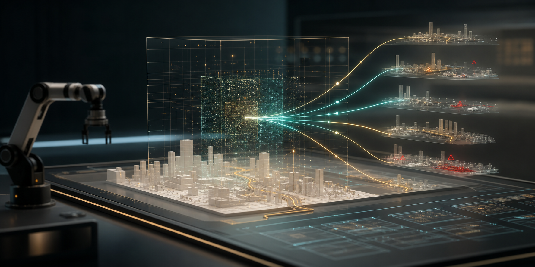 A research interface where an AI world model simulates a city, robots and multiple future trajectories